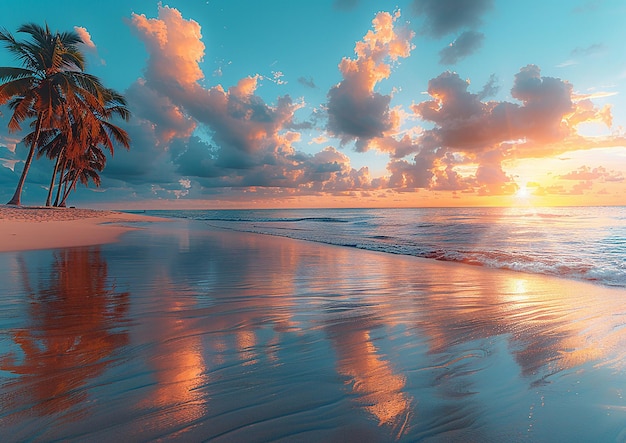 Tranquil beach at sunset golden sands stretching