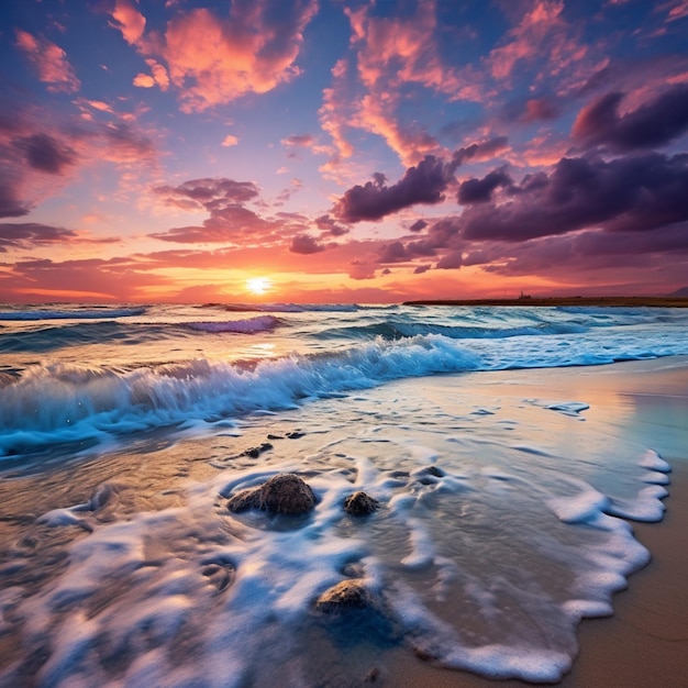 A tranquil beach at sunset where the ocean meets the sky