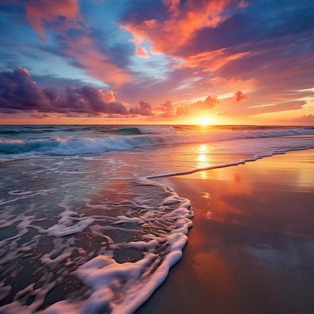 A tranquil beach at sunset where the ocean meets the sky