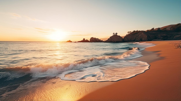 穏やかな波が海岸に打ち寄せる、夕暮れ時の静かなビーチ