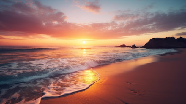 Спокойный пляж на закате с волнами, мягко плещущимися о берег.
