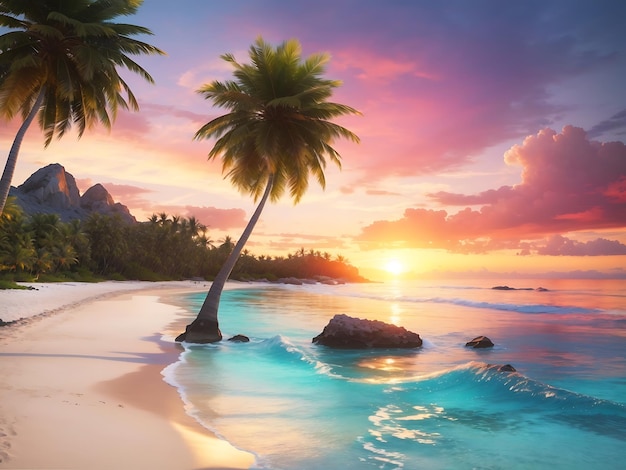 A tranquil beach with palm trees crystalclear waters and a colorful sunset