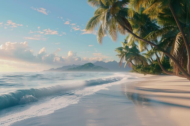 A tranquil beach with palm trees swaying in the br