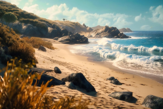 A tranquil beachside walk with the sound of crashing waves