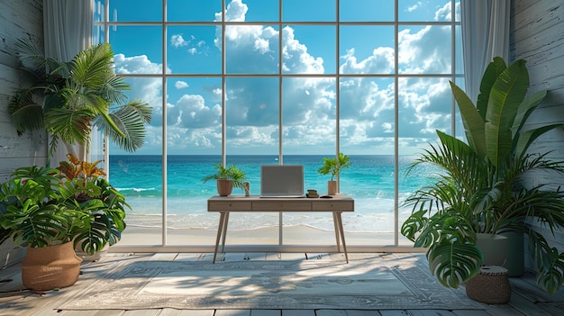 静かなビーチの美しさは,ホームオフィスの窓の向こうに広がり,静かな背景を提供します.