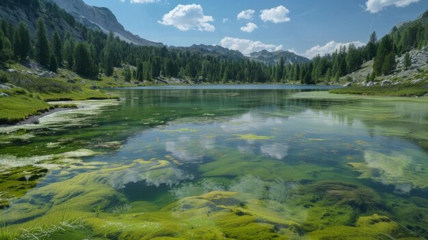 Спокойная красота горного озера затенена присутствием сине-зеленых водорослей и