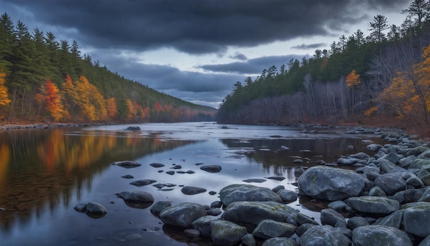 The tranquil beauty of nature a landscape of a mountain river surrounded by rocks and trees with a reflection of the cloudy sky and autumn leaves on the water