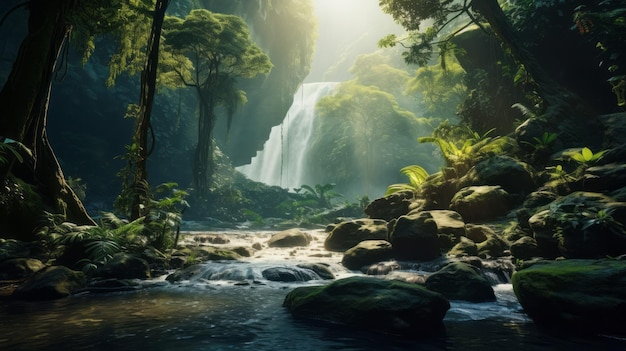 Tranquil Beauty Unveiling the Hidden Waterfall Amidst the Vibrant Tropical Forest