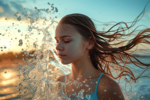 Tranquil Beauty Young Woman with Water Splashes at Sunset Serene Expression