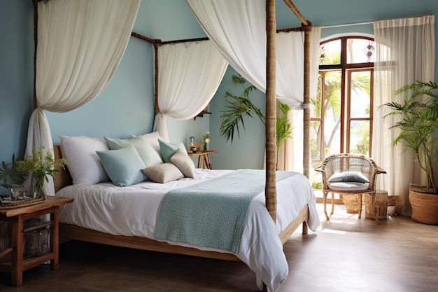Photo a tranquil bedroom designed according to the south east vastu dosh remedies pale blue walls painted with organic paints