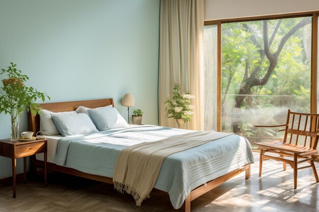 Photo a tranquil bedroom designed according to the south east vastu dosh remedies pale blue walls painted with organic paints