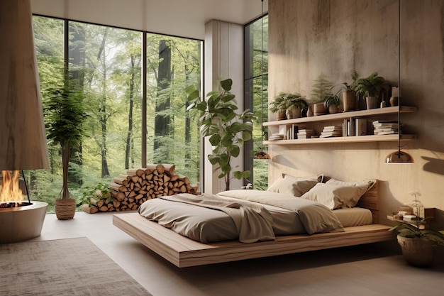 Tranquil bedroom retreat designed with sustainability in mind Green potted plants light natural hues for the walls