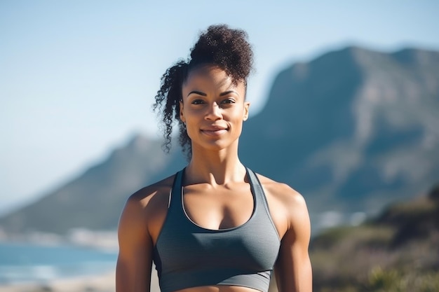 Tranquil Black Woman with Mountains in Background