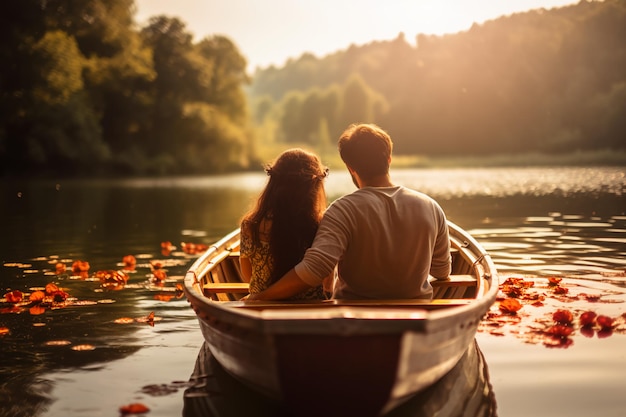 やかな 幸福  平 な 湖 で 二 人 の ため の ロマンチック な ボート 乗り