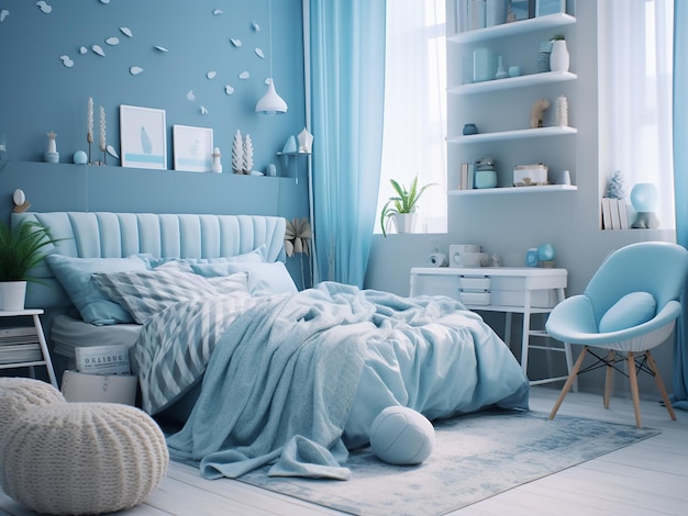 Tranquil blue bedroom interior a world of blue AI Generated