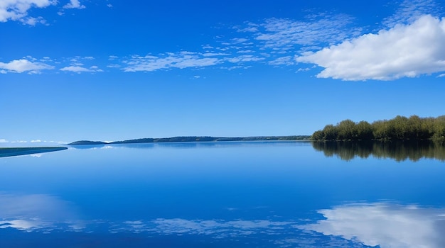 A tranquil blue lake reflecting the sky above with a few ripples in the water