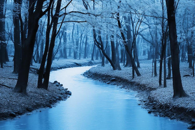 Tranquil blue stream flowing through a forest