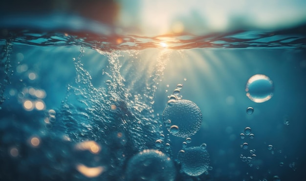 Tranquil Blue Water Surface Texture with Bubbles and Splashes