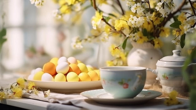 Tranquil breakfast scene with colorful eggs tea and blooming flowers