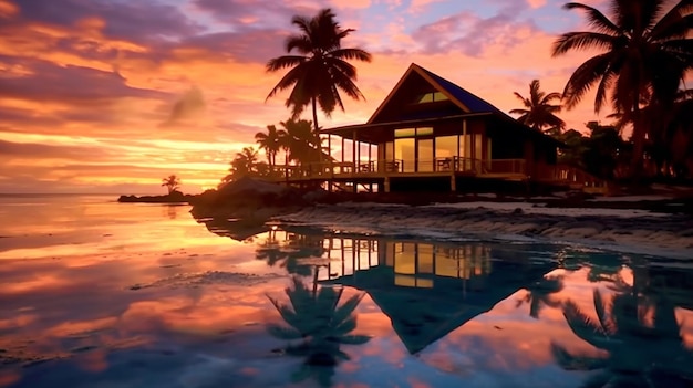Tranquil bungalow reflection silhouettes Caribbean sunset beautiful background