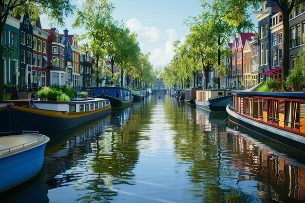 Photo tranquil canal lined with colorful houseboats