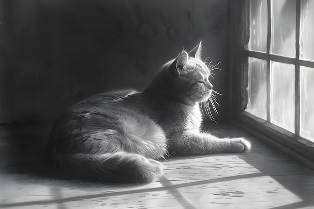 조용 한 고양이 가 창문  에서 빛 을 받고 있다