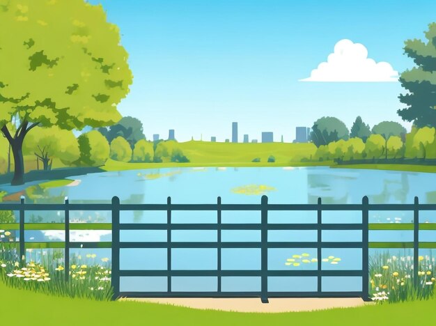 Tranquil City Park Scene Lake near Fence Vector Background 04