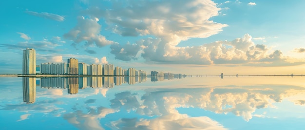 Foto paesaggio urbano tranquillo riflesso sull'acqua all'alba