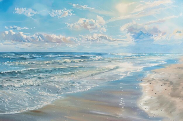 A tranquil coastline bathed in soft sunlight with gentle waves lapping against sandy shores