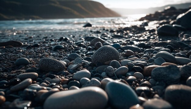 Photo tranquil coastline smooth stone wet wave sandy beach sunset beauty generated by artificial intelligence