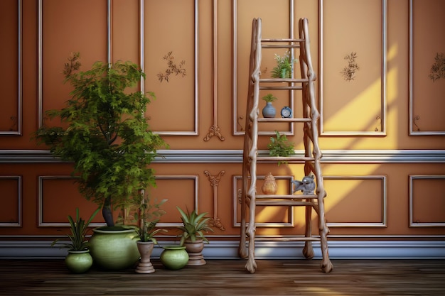 Tranquil corner with ladder and potted plants in a cozy room at twilight