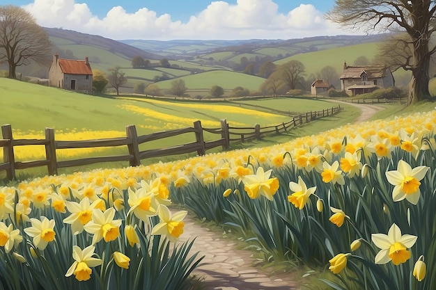 Tranquil Countryside Daffodils Swaying in Wind Digital Painting