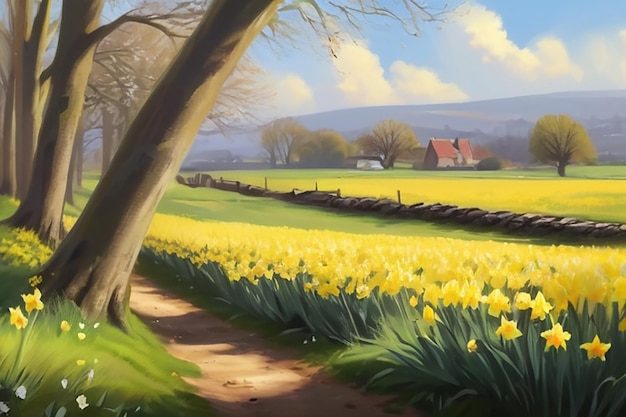 Tranquil Countryside Daffodils Swaying in Wind Digital Painting