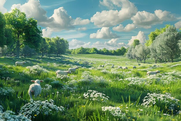 A tranquil countryside scene with grazing sheep oc