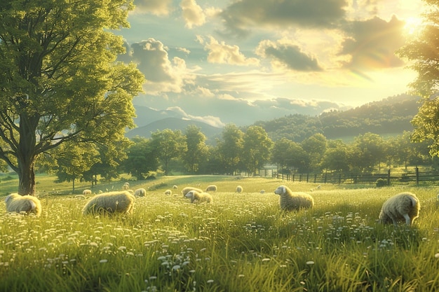 やかな田舎の風景 羊が放牧している