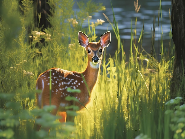 Photo a tranquil dawn fawn amidst the forest glade