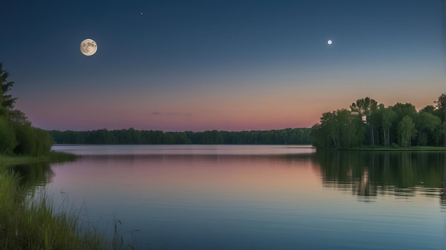 Tranquil dock and moonlit lake scene