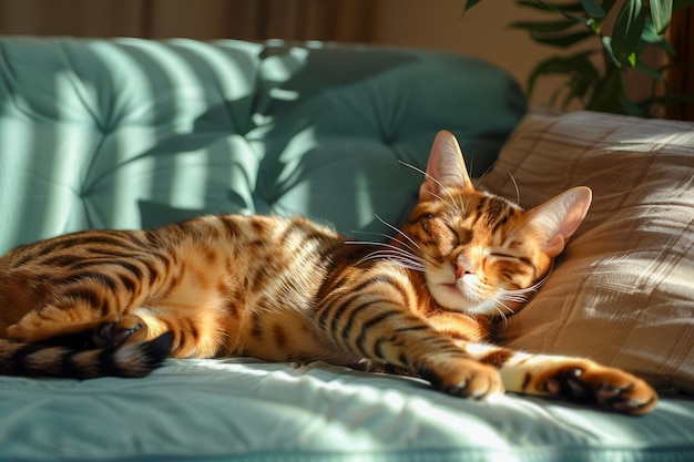 Tranquil Domestic Bengal Cat Resting in Sunlight on a Comfortable Green Sofa in Cozy Home