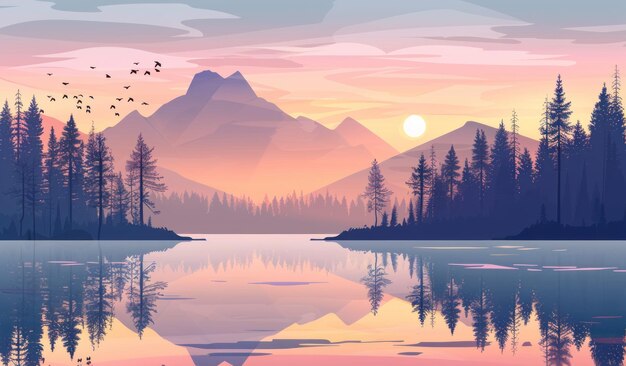 Tranquil Dusk Serene Lake en Mountains in Sunset Splendor Generatieve AI