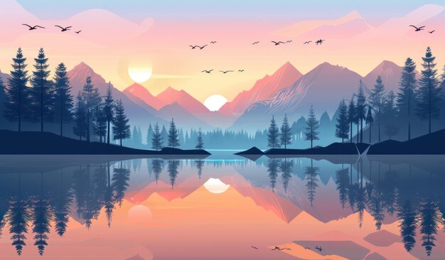 Tranquil Dusk Serene Lake en Mountains in Sunset Splendor Generatieve AI