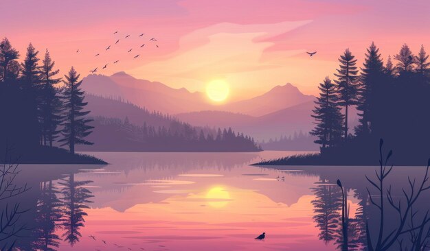 Tranquil Dusk Serene Lake and Mountains in Sunset Splendor Generative AI