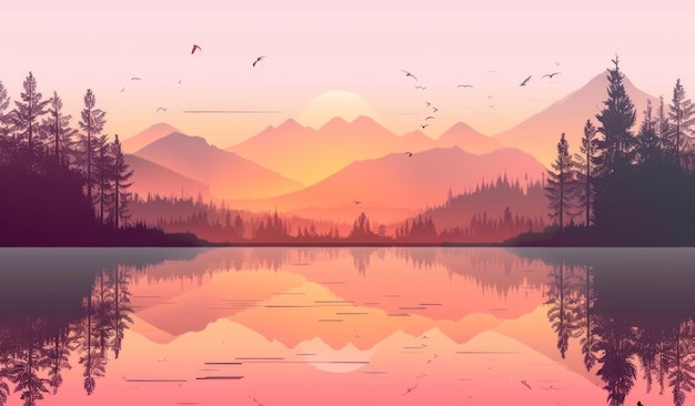 Photo tranquil dusk serene lake and mountains in sunset splendor generative ai