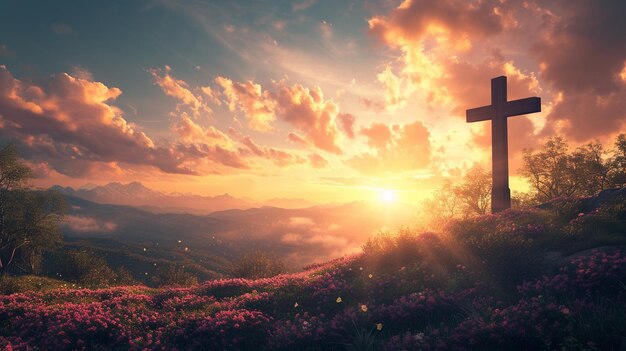 A tranquil Easter and Christian concept background with a crossshaped sunrise and a serene landscape