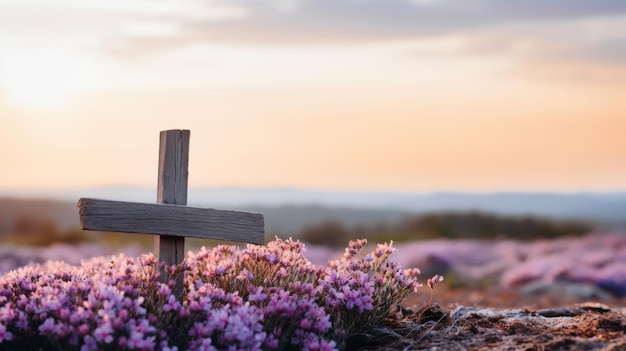 목조 십자가 와 보라색 꽃 을 가진 조용 한 부활절 장면