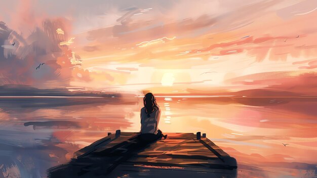 Photo tranquil evening at the lake a young woman sits on a dock enjoying the sunset the sky is ablaze with color and the water is still and peaceful