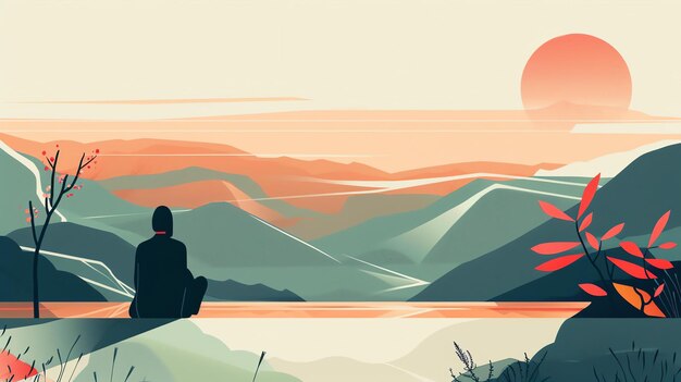 Photo tranquil evening landscape with a setting sun casting a warm glow on the mountains and a lone figure sitting on a rock in the foreground enjoying the