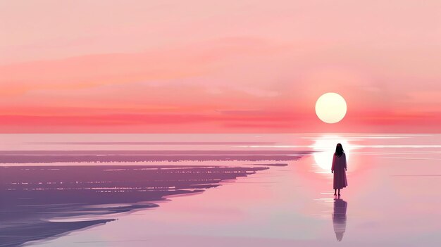 평온한 바다 위의 조용한 저녁 하늘과 은 모래 위에 서서 일몰을 바라보는 긴 드레스를 입은 외로운 여성