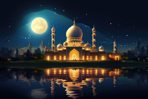 A tranquil evening with a beautifully lit mosque located under a full moon Illustration of a mosque with a moon and its reflection in water Ramadan Kareem background AI Generated