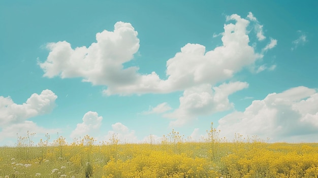 Спокойное поле желтых диких цветов под кумуловыми облаками