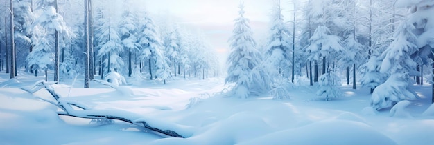 부드럽고 차분한 겨울 색상 팔레트로 신선한 눈으로 뒤덮인 고요한 숲 개간 제너레이티브 AI
